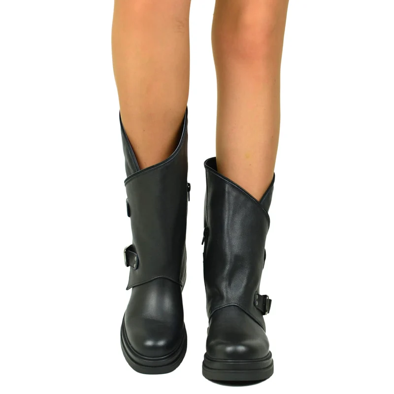 Stivali Donna Biker Vera Pelle Gambale Largo Neri con Fibbie e Zip Laterale Made in Italy