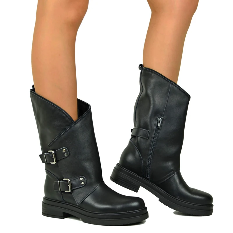 Stivali Donna Biker Vera Pelle Gambale Largo Neri con Fibbie e Zip Laterale Made in Italy