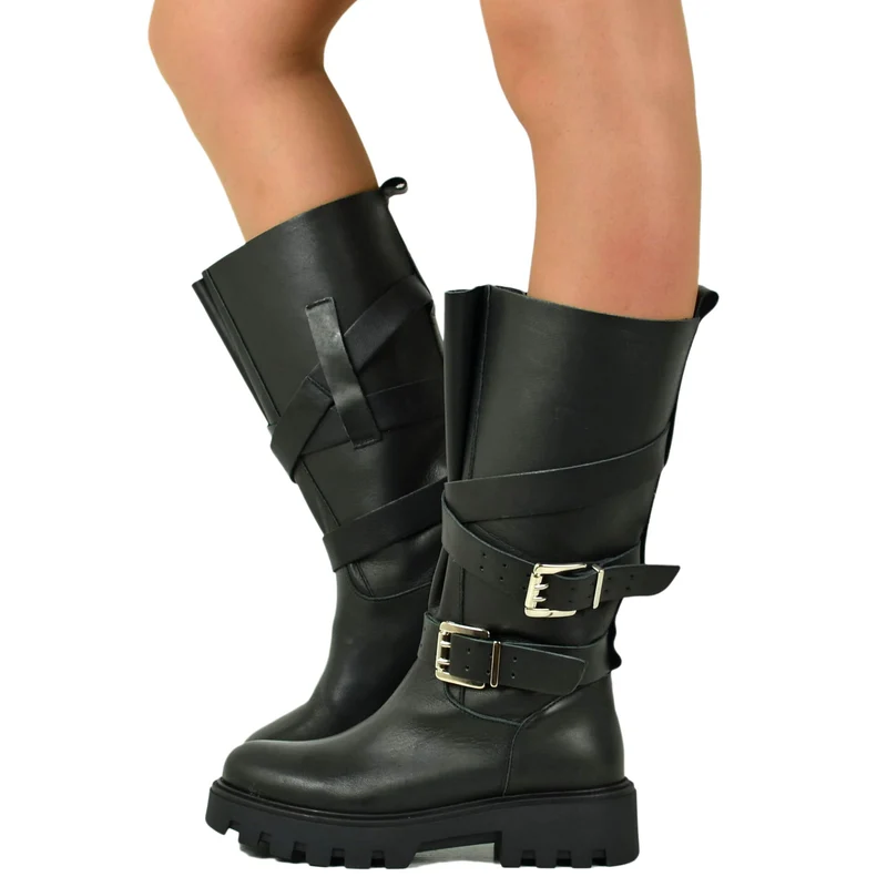 Stivali Biker Gambale Largo a Fiore con fondo Platform Vera Pelle Nera doppie Fibbie