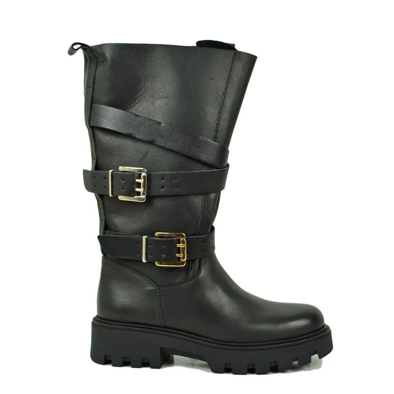 Stivali Biker Gambale Largo a Fiore con fondo Platform Vera Pelle Nera doppie Fibbie