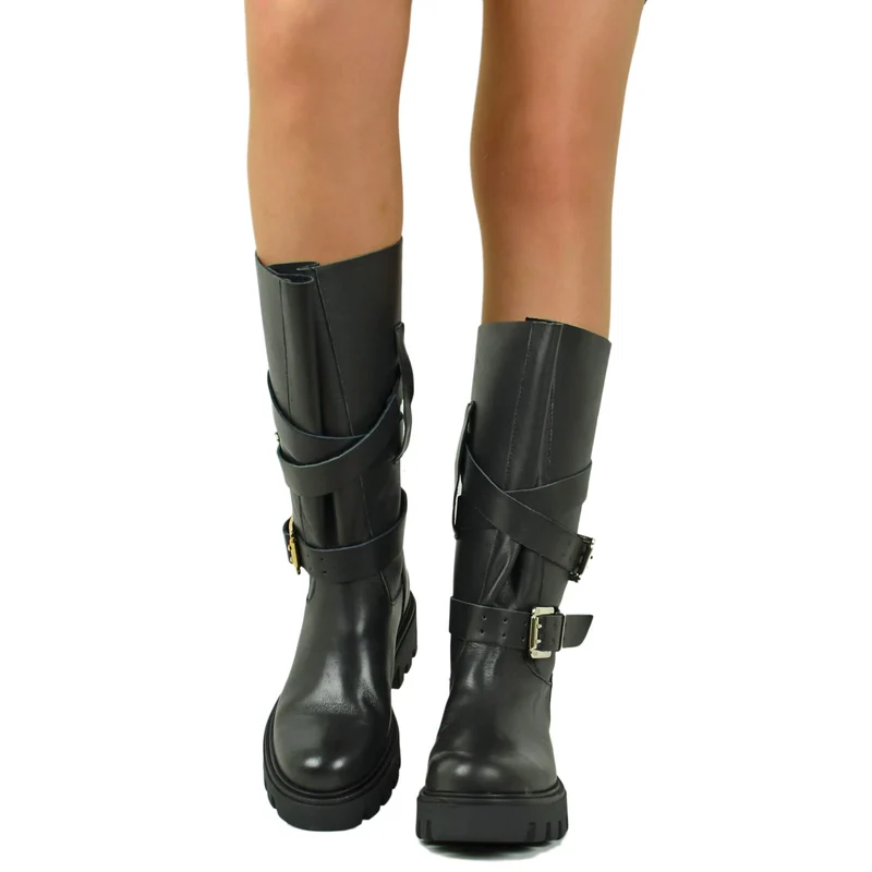 Stivali Biker Gambale Largo a Fiore con fondo Platform Vera Pelle Nera doppie Fibbie