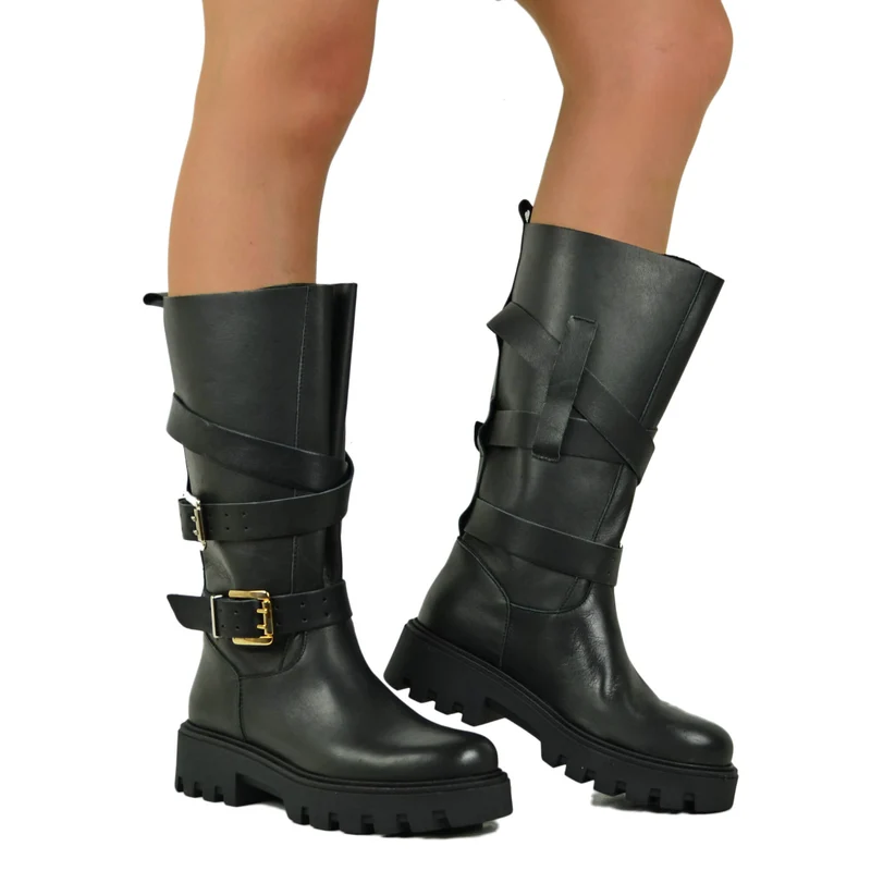 Stivali Biker Gambale Largo a Fiore con fondo Platform Vera Pelle Nera doppie Fibbie