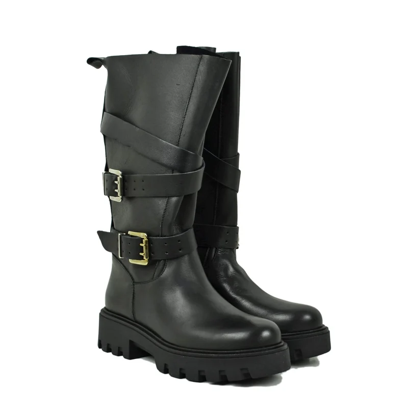Stivali Biker Gambale Largo a Fiore con fondo Platform Vera Pelle Nera doppie Fibbie