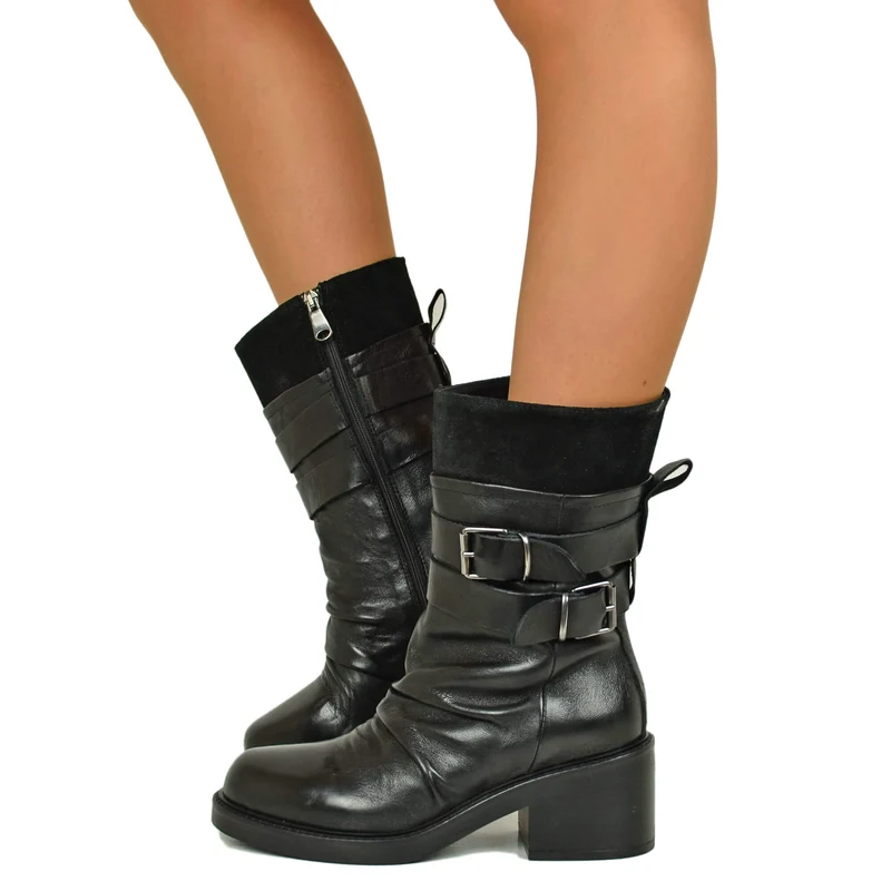 Stivali Biker Plissettati in Vera Pelle Premium fondo Gomma con Tacco 6 cm Nero