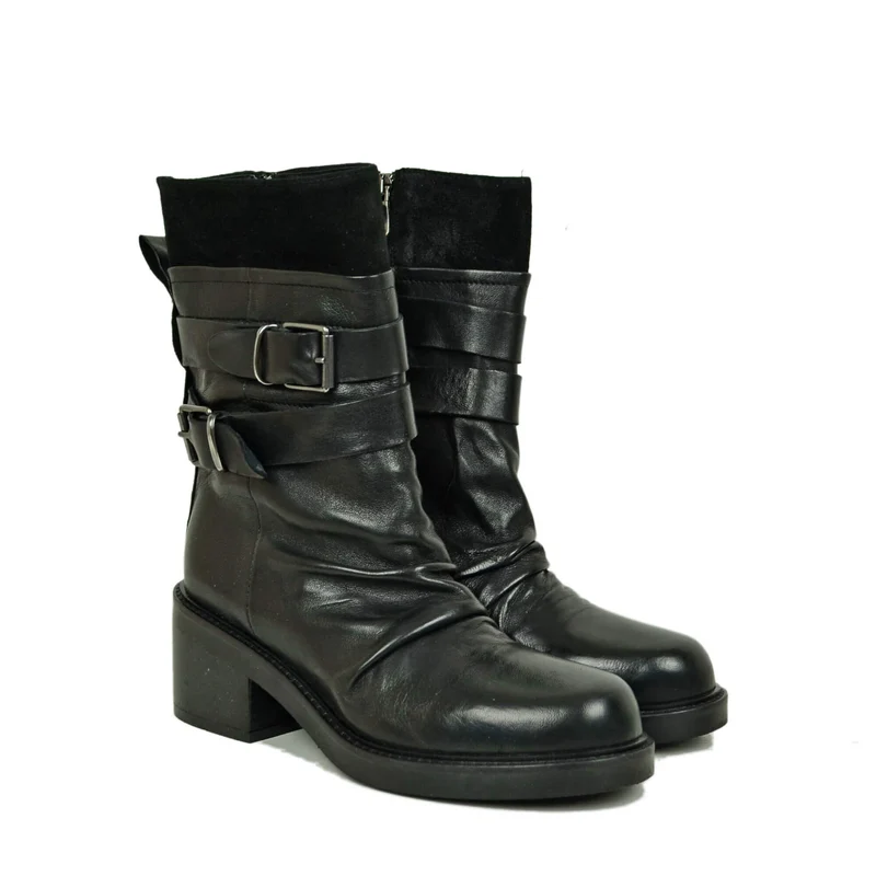 Stivali Biker Plissettati in Vera Pelle Premium fondo Gomma con Tacco 6 cm Nero