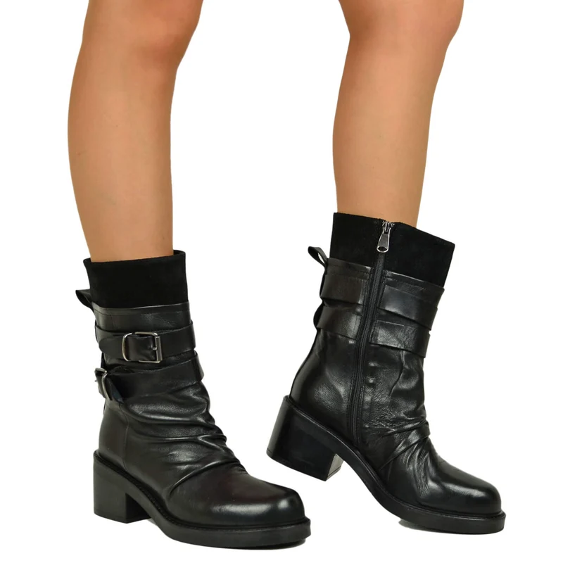Stivali Biker Plissettati in Vera Pelle Premium fondo Gomma con Tacco 6 cm Nero