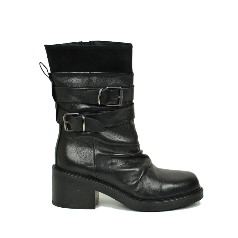 Stivali Biker Plissettati in Vera Pelle Premium fondo Gomma con Tacco 6 cm Nero