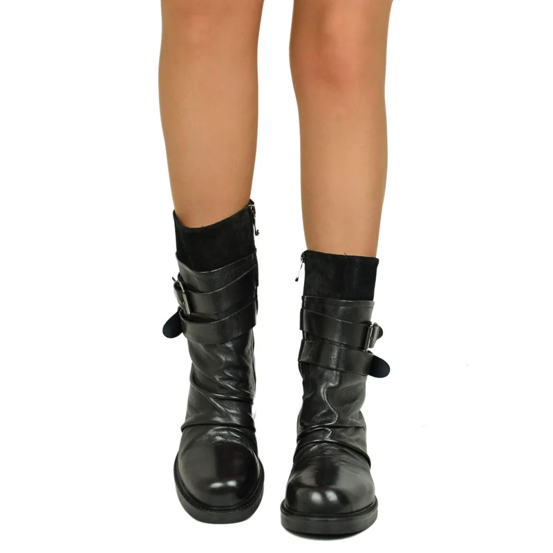 Stivali Biker Plissettati in Vera Pelle Premium fondo Gomma con Tacco 6 cm Nero