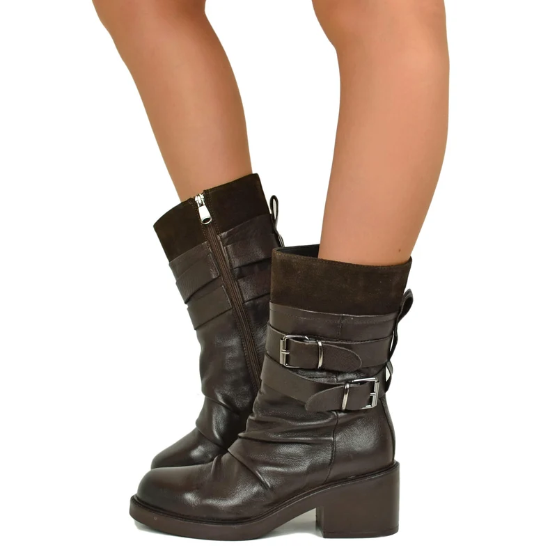 Stivali Biker Plissettati in Vera Pelle Premium fondo Gomma con Tacco 6 cm Marrone