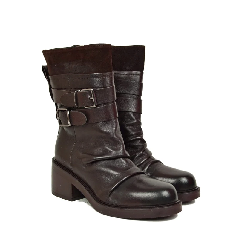Stivali Biker Plissettati in Vera Pelle Premium fondo Gomma con Tacco 6 cm Marrone