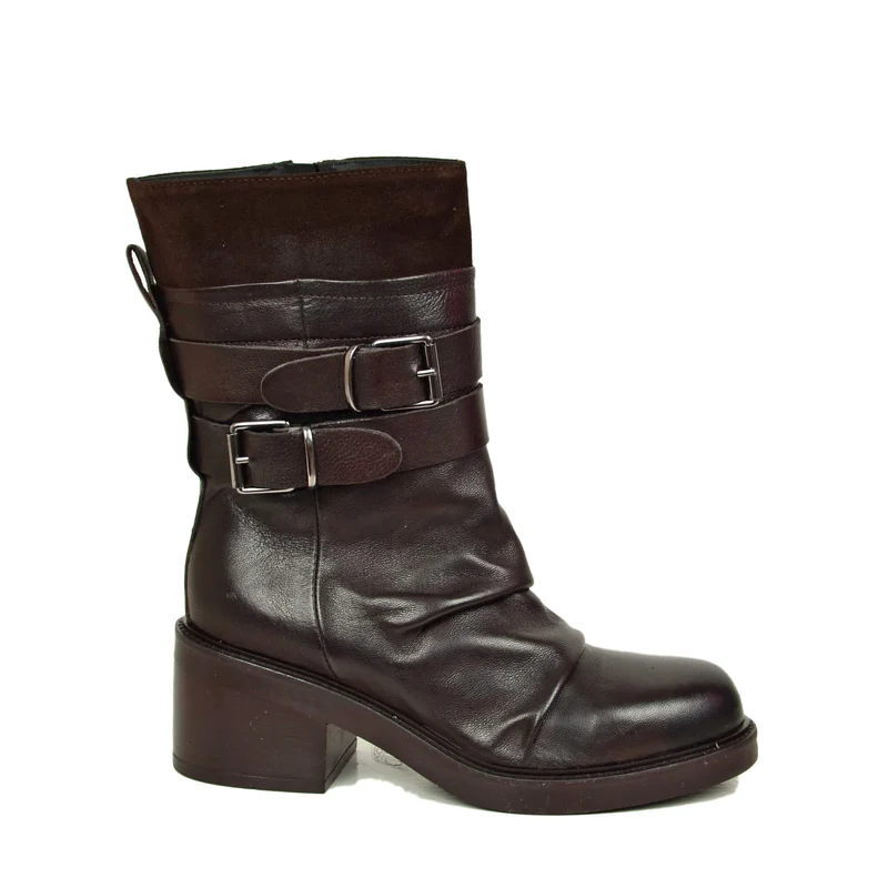 Stivali Biker Plissettati in Vera Pelle Premium fondo Gomma con Tacco 6 cm Marrone