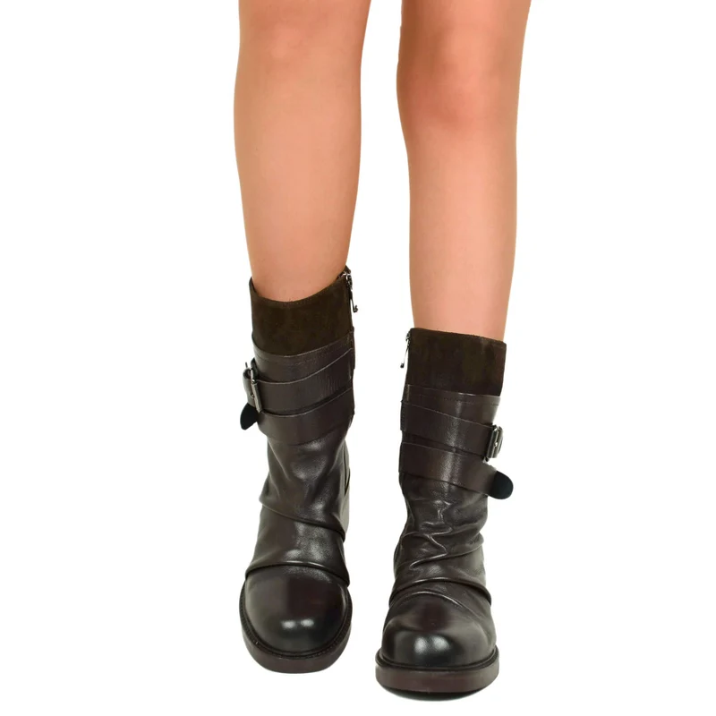 Stivali Biker Plissettati in Vera Pelle Premium fondo Gomma con Tacco 6 cm Marrone