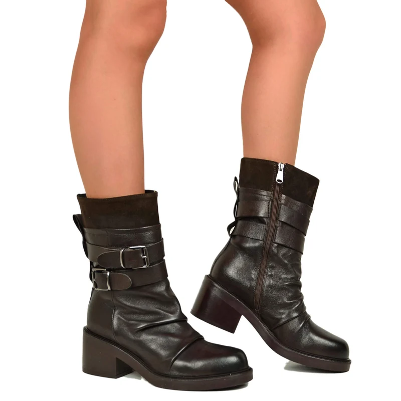 Stivali Biker Plissettati in Vera Pelle Premium fondo Gomma con Tacco 6 cm Marrone