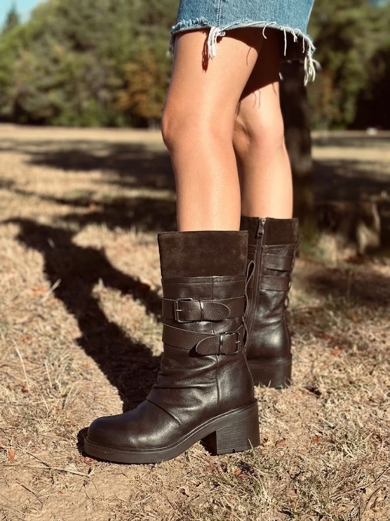 Stivali Biker Plissettati in Vera Pelle Premium fondo Gomma con Tacco 6 cm Marrone