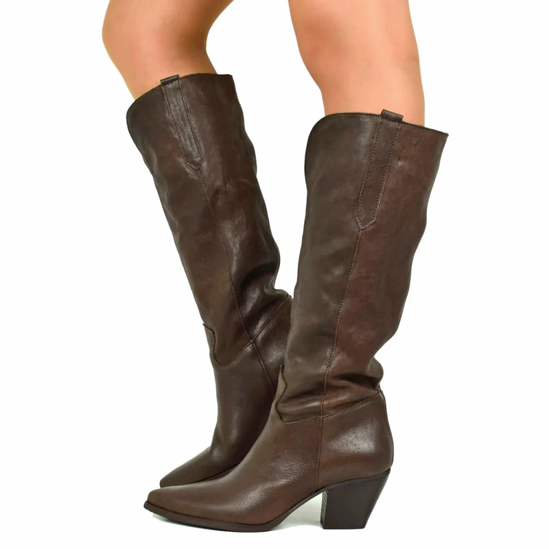 Stivali Texani Lisci con Spacco Davanti Tacco 6 cm Pelle Cioccolato Cowboy Boots