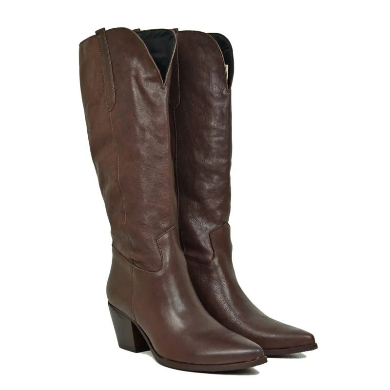 Stivali Texani Lisci con Spacco Davanti Tacco 6 cm Pelle Cioccolato Cowboy Boots