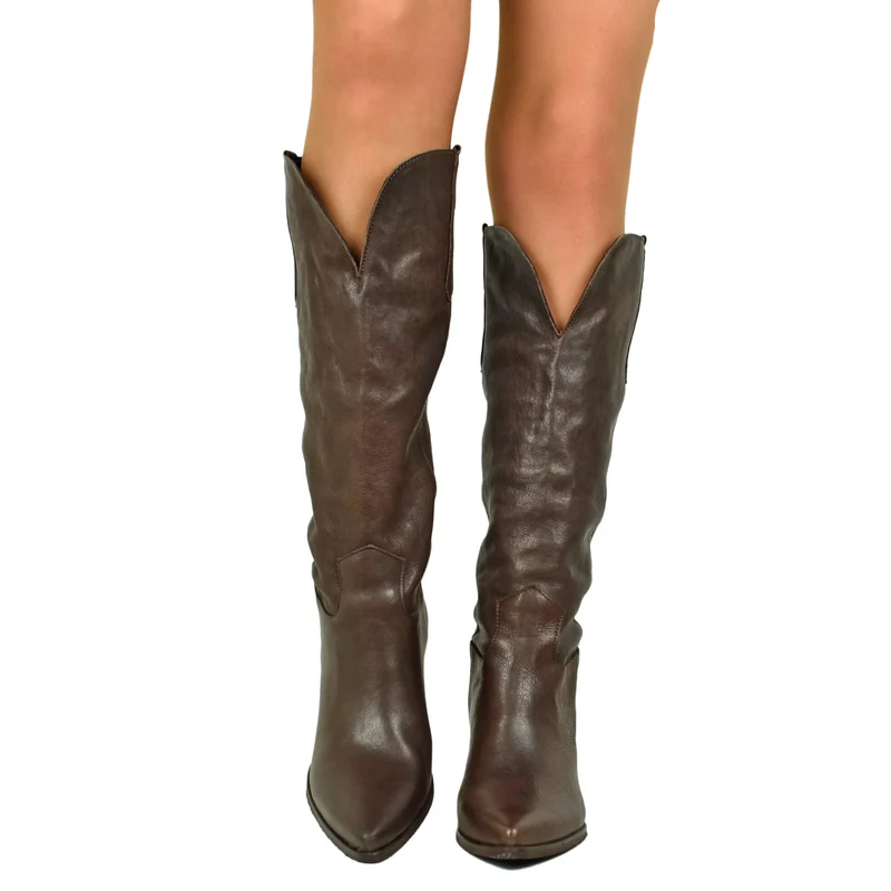 Stivali Texani Lisci con Spacco Davanti Tacco 6 cm Pelle Cioccolato Cowboy Boots