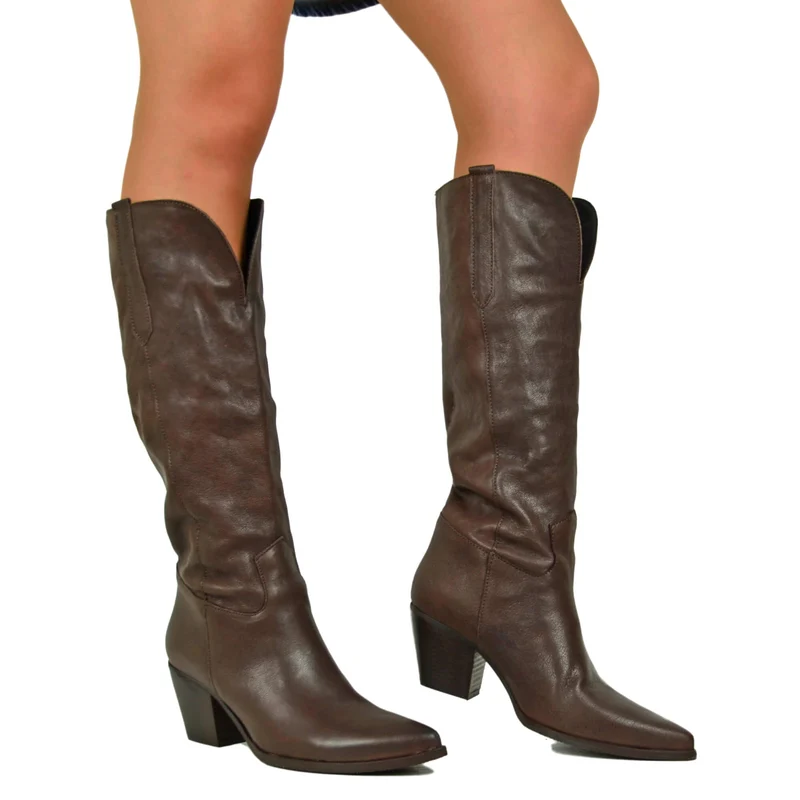 Stivali Texani Lisci con Spacco Davanti Tacco 6 cm Pelle Cioccolato Cowboy Boots