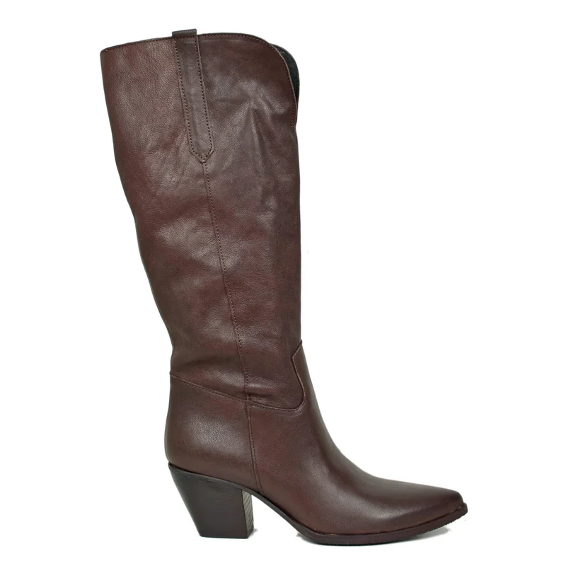 Stivali Texani Lisci con Spacco Davanti Tacco 6 cm Pelle Cioccolato Cowboy Boots
