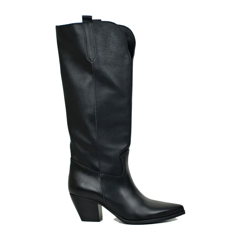 Stivali Texani Lisci con Spacco Davanti Tacco 6 cm Pelle Nera Cowboy Boots