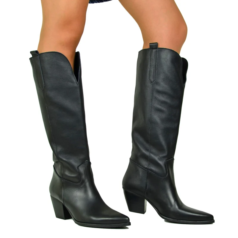 Stivali Texani Lisci con Spacco Davanti Tacco 6 cm Pelle Nera Cowboy Boots