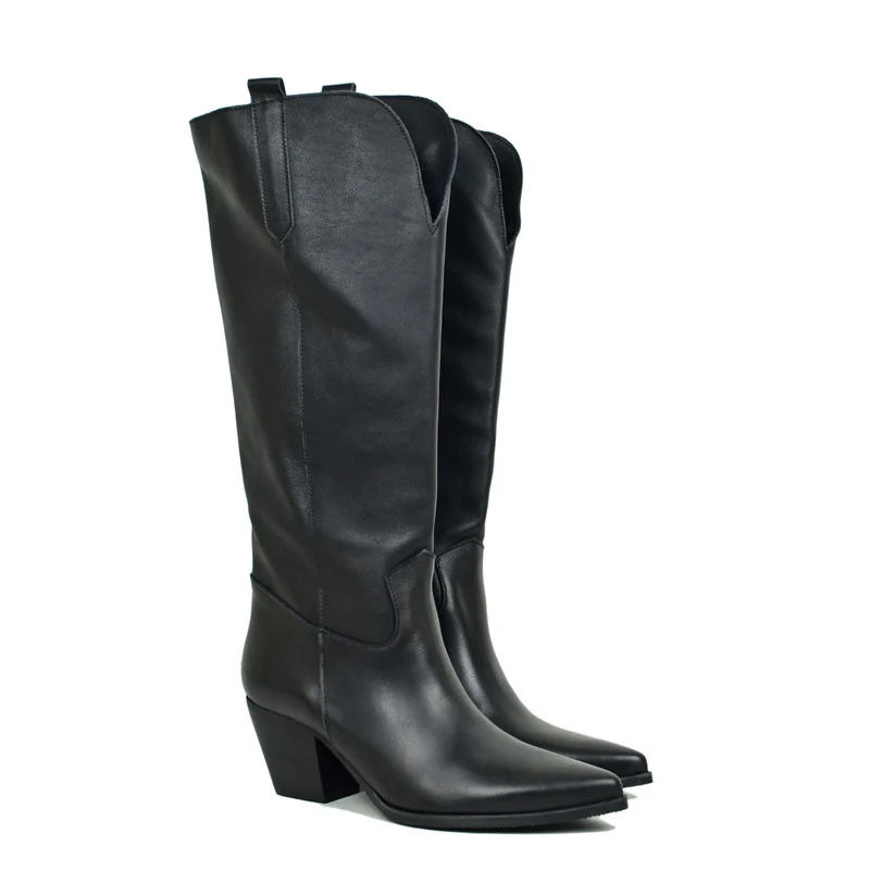 Stivali Texani Lisci con Spacco Davanti Tacco 6 cm Pelle Nera Cowboy Boots
