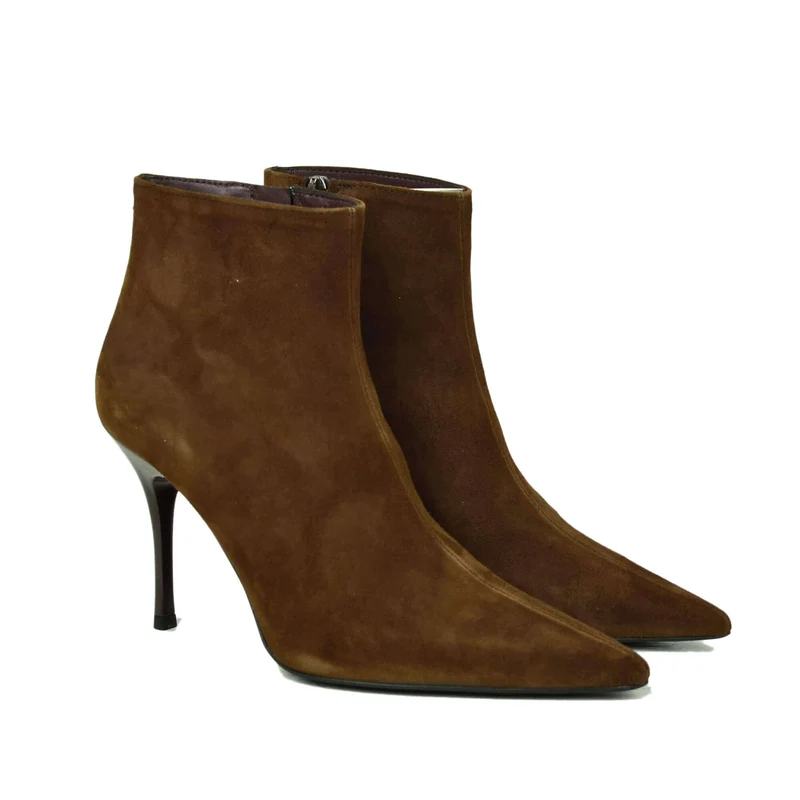 Stivali Eleganti Camoscio Vera Pelle Tacco 9 cm a Spillo Cioccolato Luxury Quality