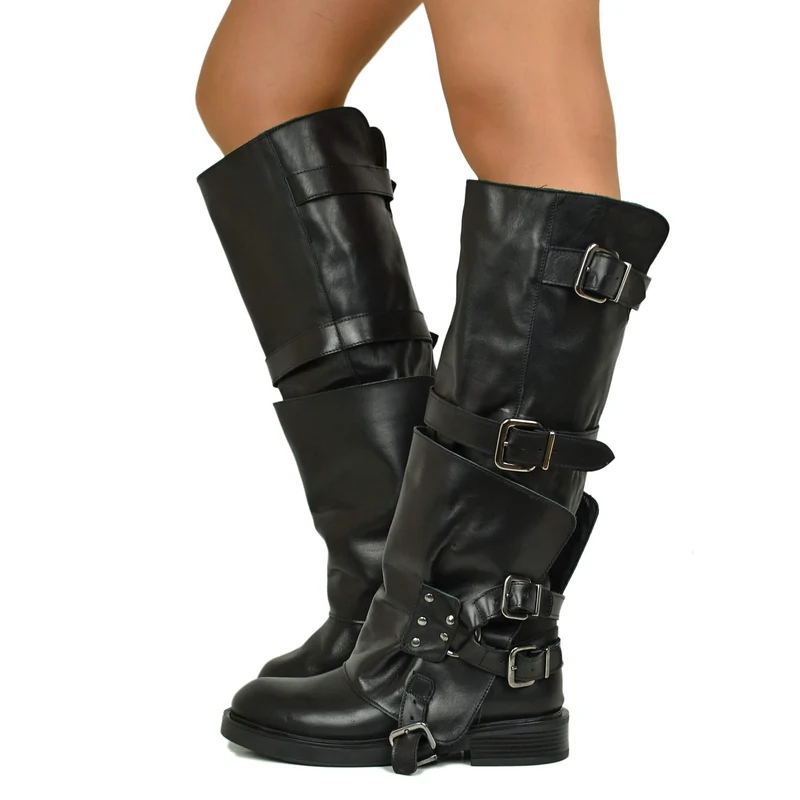 Stivali Alti Biker Grunge Metal con Ghetta Grintosi Gothic Neri in Vera Pelle