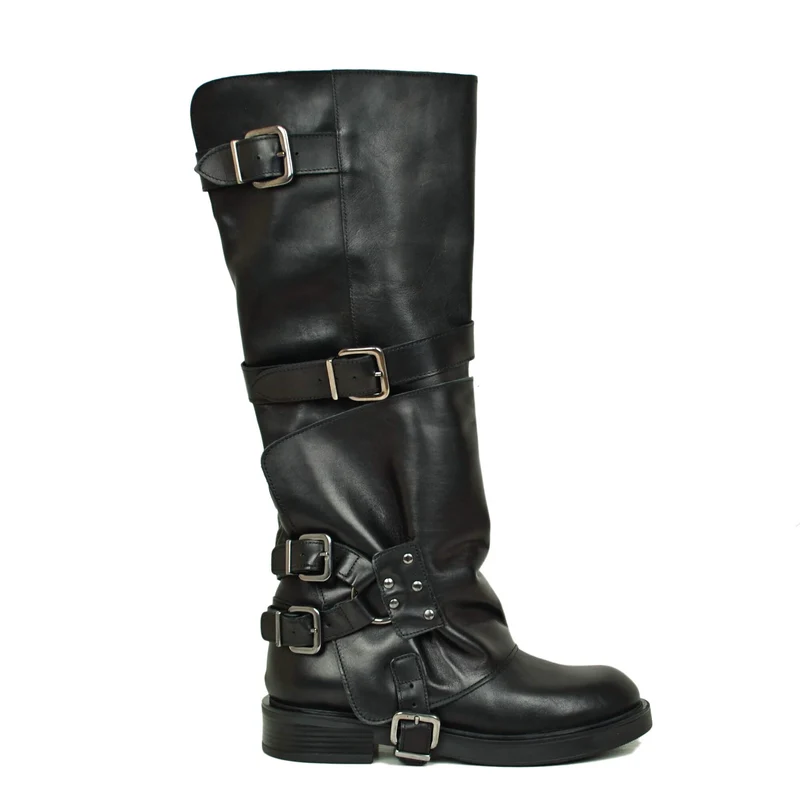 Stivali Alti Biker Grunge Metal con Ghetta Grintosi Gothic Neri in Vera Pelle