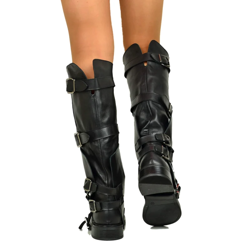 Stivali Alti Biker Grunge Metal con Ghetta Grintosi Gothic Neri in Vera Pelle