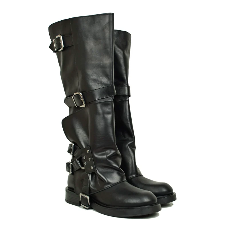Stivali Alti Biker Grunge Metal con Ghetta Grintosi Gothic Neri in Vera Pelle