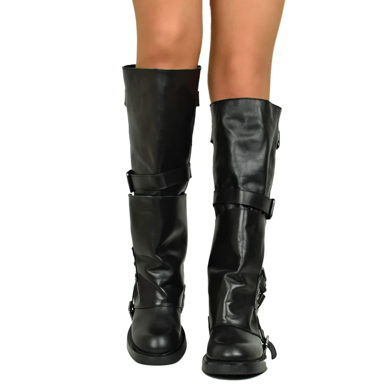 Stivali Alti Biker Grunge Metal con Ghetta Grintosi Gothic Neri in Vera Pelle