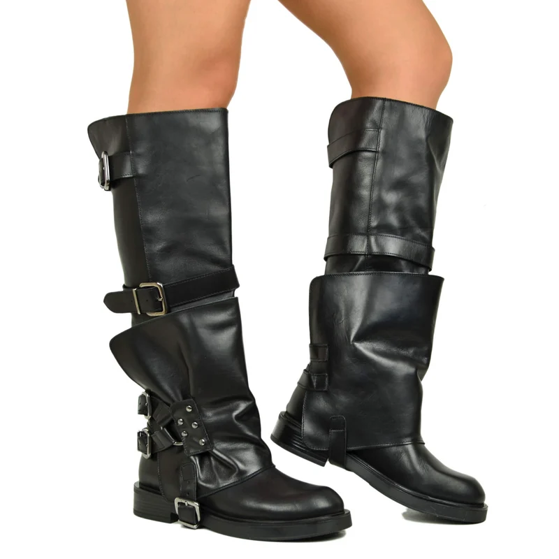 Stivali Alti Biker Grunge Metal con Ghetta Grintosi Gothic Neri in Vera Pelle