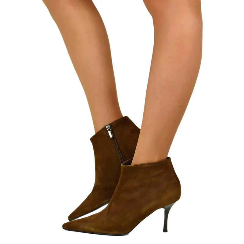 Stivali Eleganti Camoscio Vera Pelle Tacco 7 cm a Spillo Cioccolato Luxury Quality