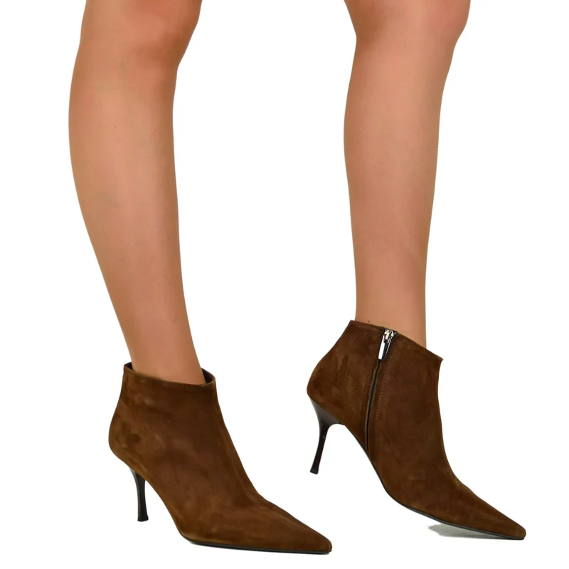 Stivali Eleganti Camoscio Vera Pelle Tacco 7 cm a Spillo Cioccolato Luxury Quality