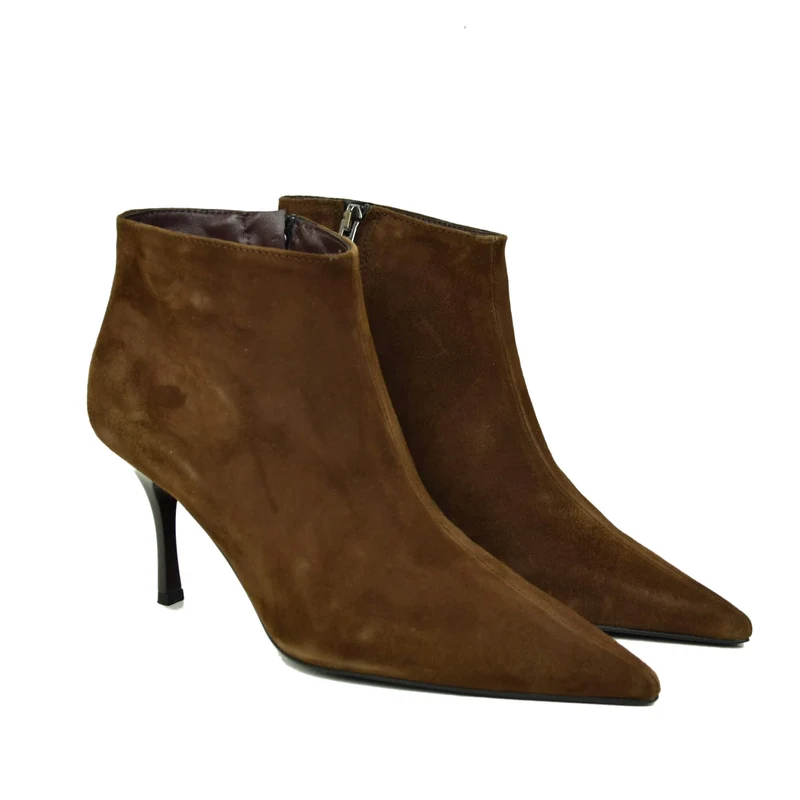 Stivali Eleganti Camoscio Vera Pelle Tacco 7 cm a Spillo Cioccolato Luxury Quality