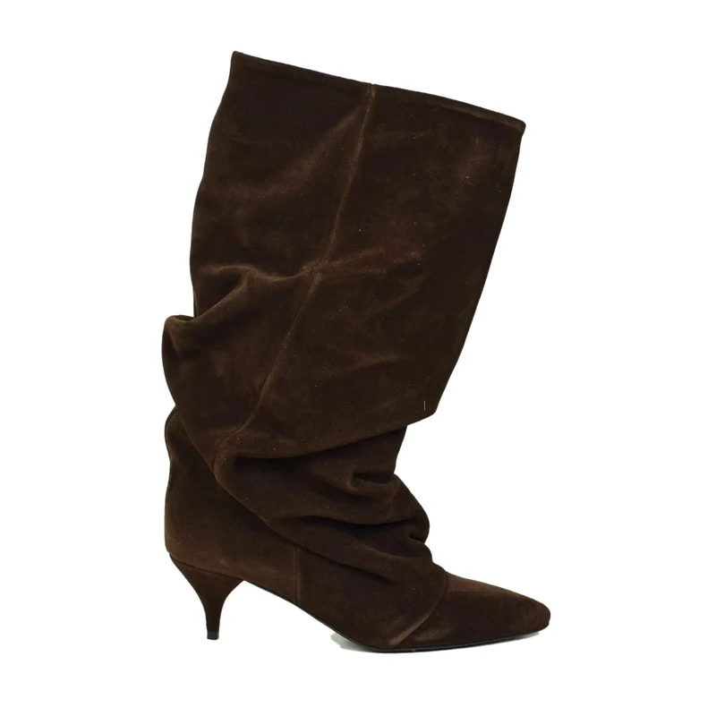 Stivali a Punta con Ghetta tacco Kitten 5 cm Gambale Largo Eleganti Scamosciati Marroni