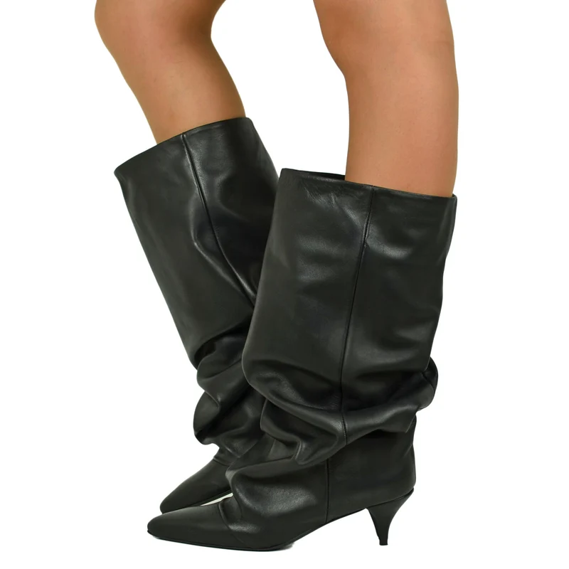 Stivali a Punta con Ghetta tacco Kitten 5 cm Gambale Largo Eleganti Vera Pelle Neri
