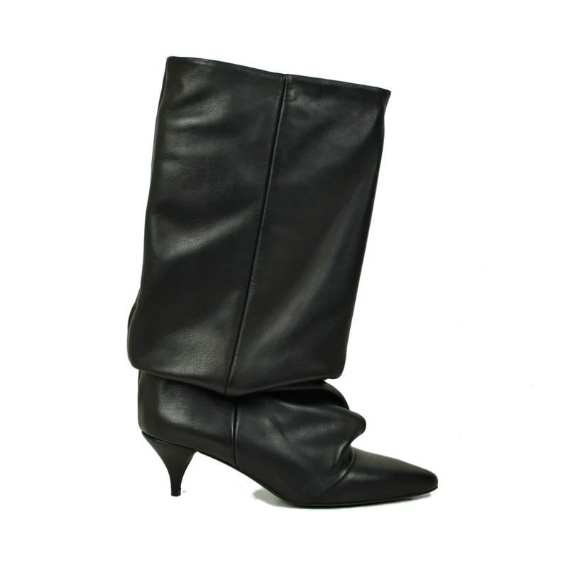 Stivali a Punta con Ghetta tacco Kitten 5 cm Gambale Largo Eleganti Vera Pelle Neri