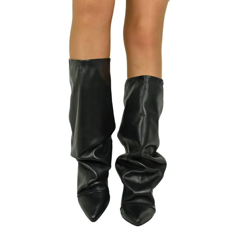 Stivali a Punta con Ghetta tacco Kitten 5 cm Gambale Largo Eleganti Vera Pelle Neri