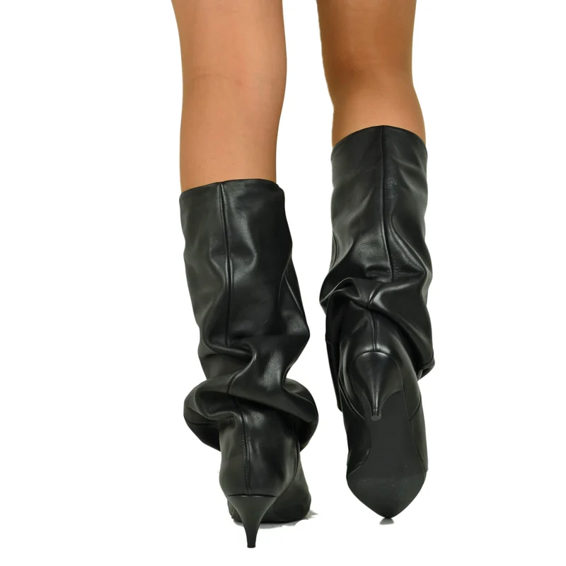 Stivali a Punta con Ghetta tacco Kitten 5 cm Gambale Largo Eleganti Vera Pelle Neri