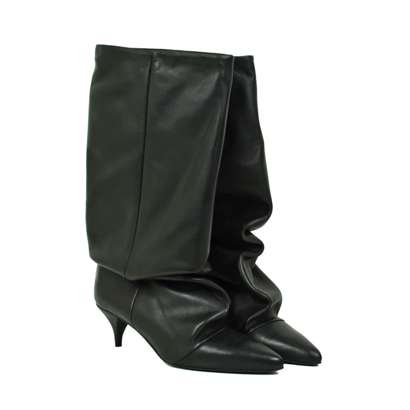 Stivali a Punta con Ghetta tacco Kitten 5 cm Gambale Largo Eleganti Vera Pelle Neri