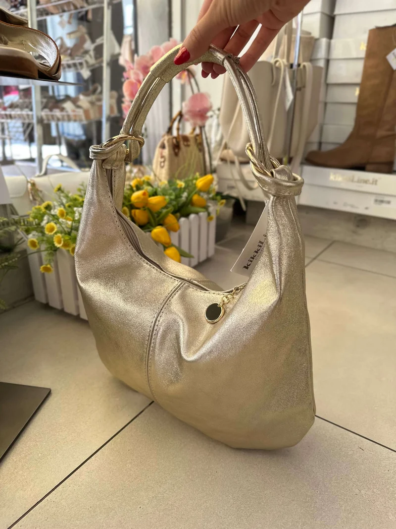 Borsa in Vera Pelle Platino a Spalla con Dettagli Dorati