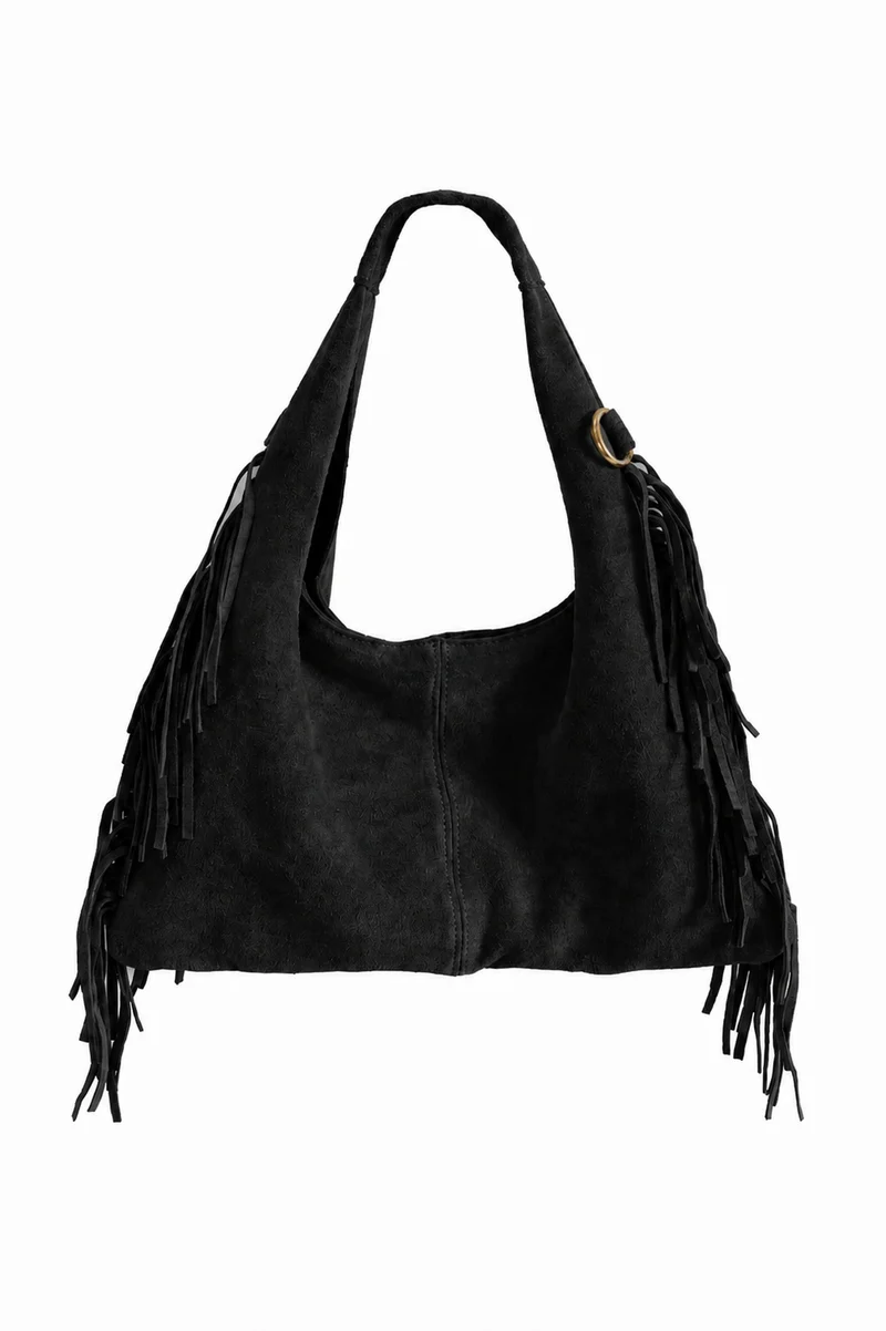 Borsa Morbida Marika con Frange Pelle Scamosciata a Spalla e Tracolla Nera