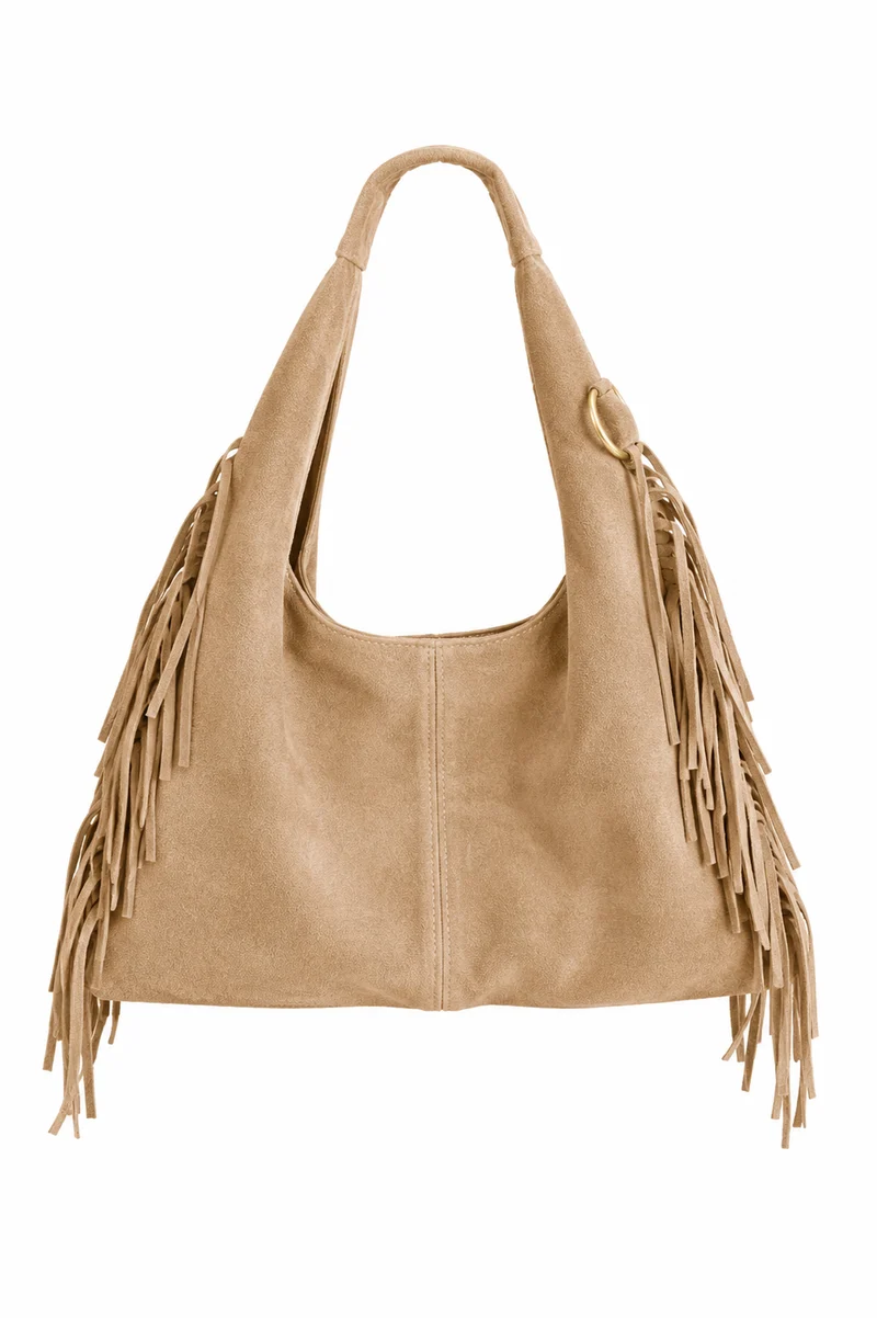 Borsa Morbida Marika con Frange Pelle Scamosciata a Spalla e Tracolla Beige