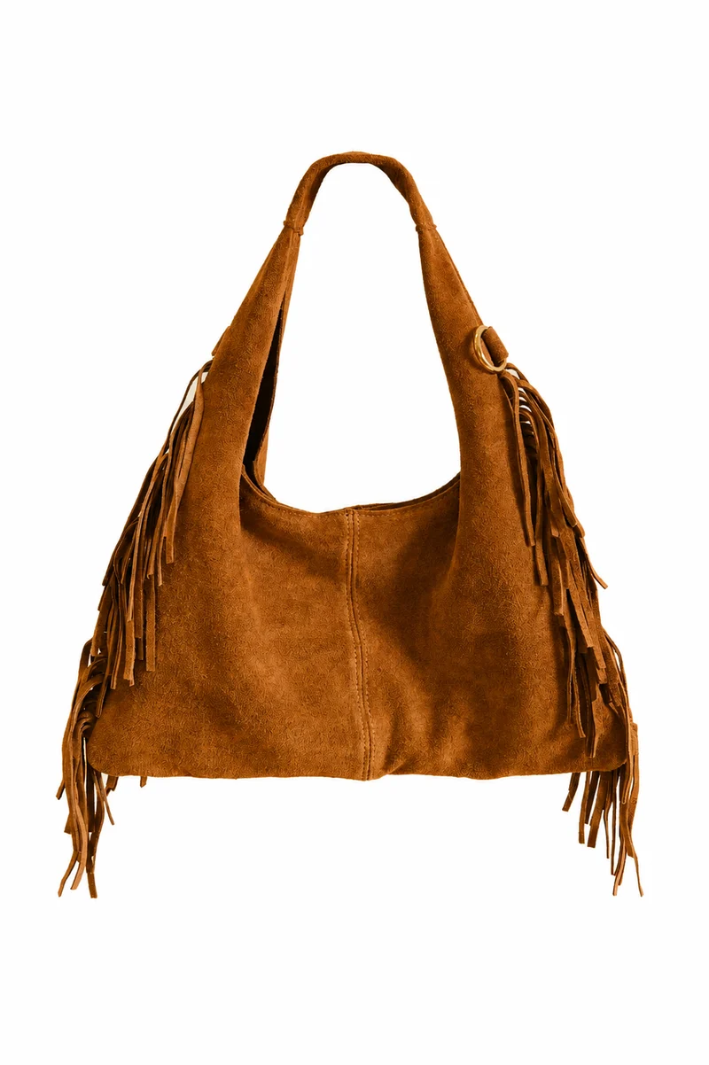 Borsa Morbida Marika con Frange Pelle Scamosciata a Spalla e Tracolla Cuoio