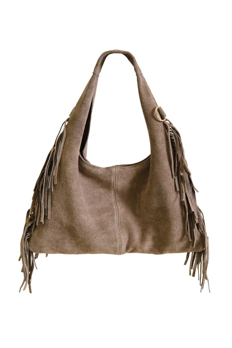 Borsa Morbida Marika con Frange Pelle Scamosciata a Spalla e Tracolla Taupe