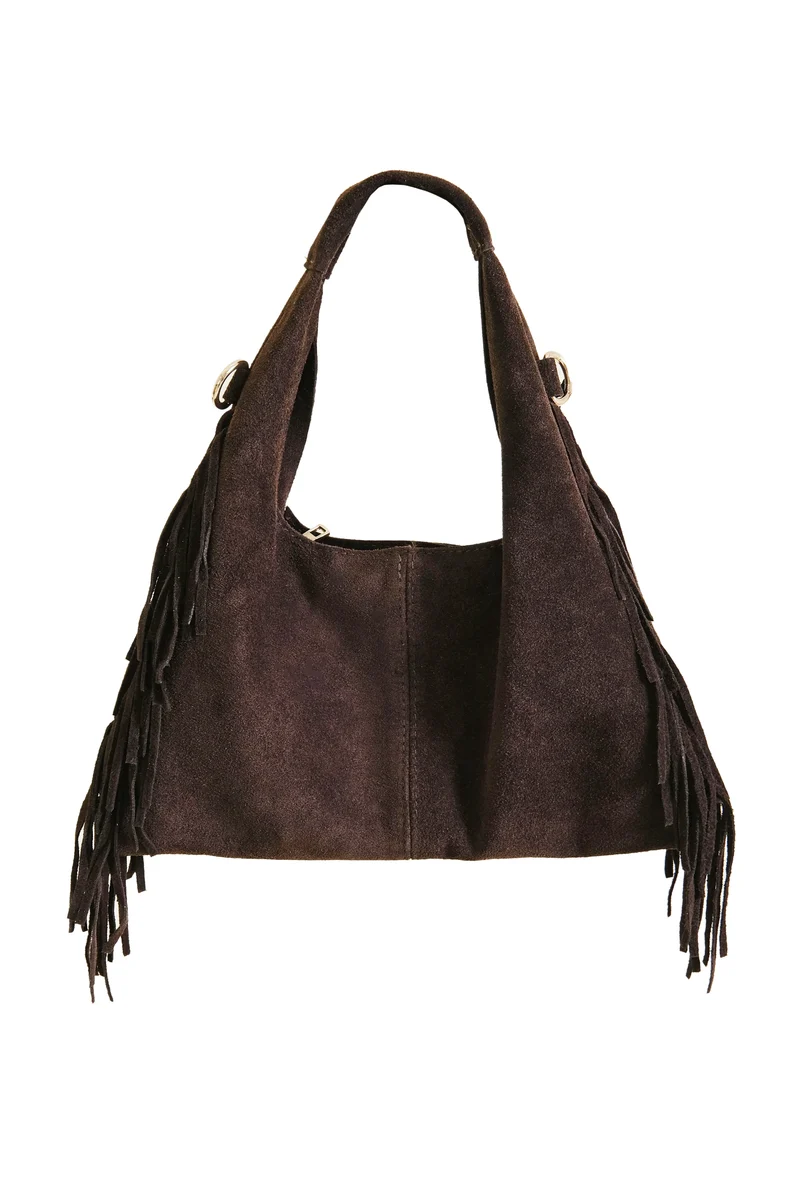 Borsa Morbida Marika con Frange Pelle Scamosciata a Spalla e Tracolla Cioccolato