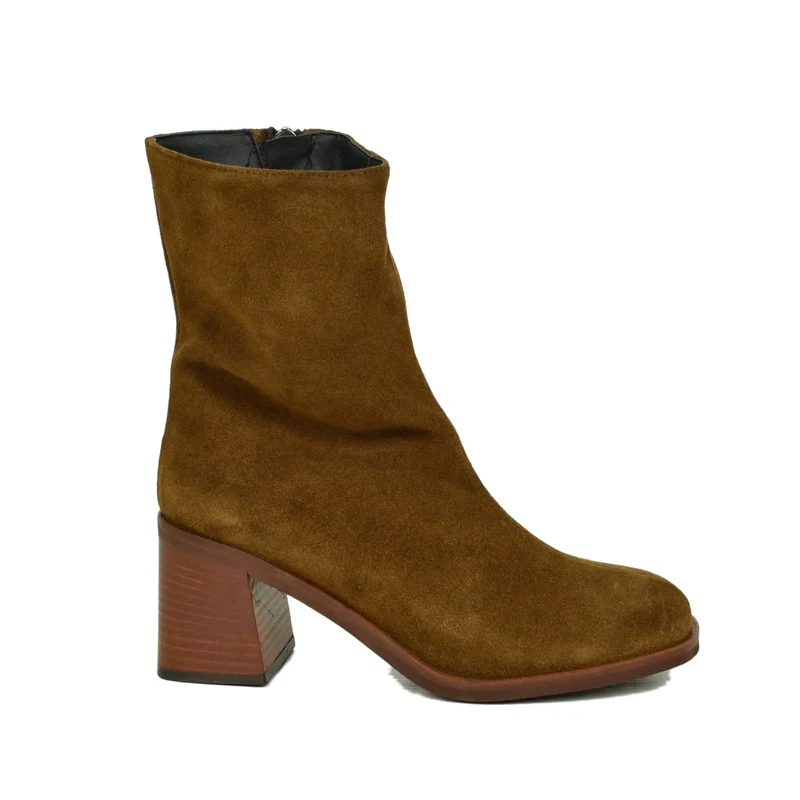 Stivali Punta Tonda Anni 70 Tacco a Contrasto Color Legno Vera Pelle Scamosciata Camel