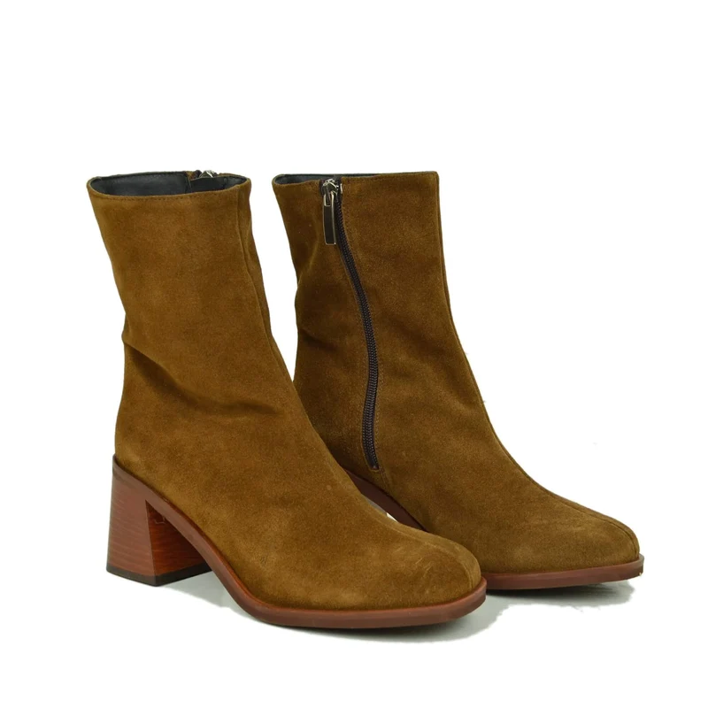 Stivali Punta Tonda Anni 70 Tacco a Contrasto Color Legno Vera Pelle Scamosciata Camel